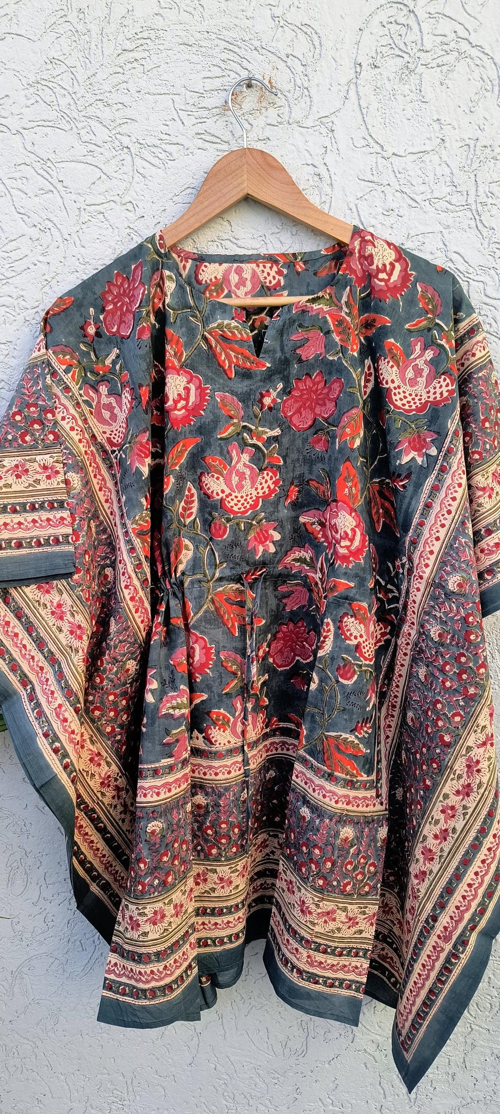 Hand Block Printed Short Cotton Kaftan – Deep Gray with Red & Ivory Floral | Boho Summer Kaftan Dress, Relaxed Fit Tunic