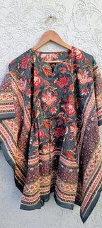 Hand Block Printed Short Cotton Kaftan – Deep Gray with Red & Ivory Floral | Boho Summer Kaftan Dress, Relaxed Fit Tunic