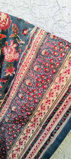 Hand Block Printed Short Cotton Kaftan – Deep Gray with Red & Ivory Floral | Boho Summer Kaftan Dress, Relaxed Fit Tunic