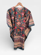 Hand Block Printed Short Cotton Kaftan – Deep Gray with Red & Ivory Floral | Boho Summer Kaftan Dress, Relaxed Fit Tunic