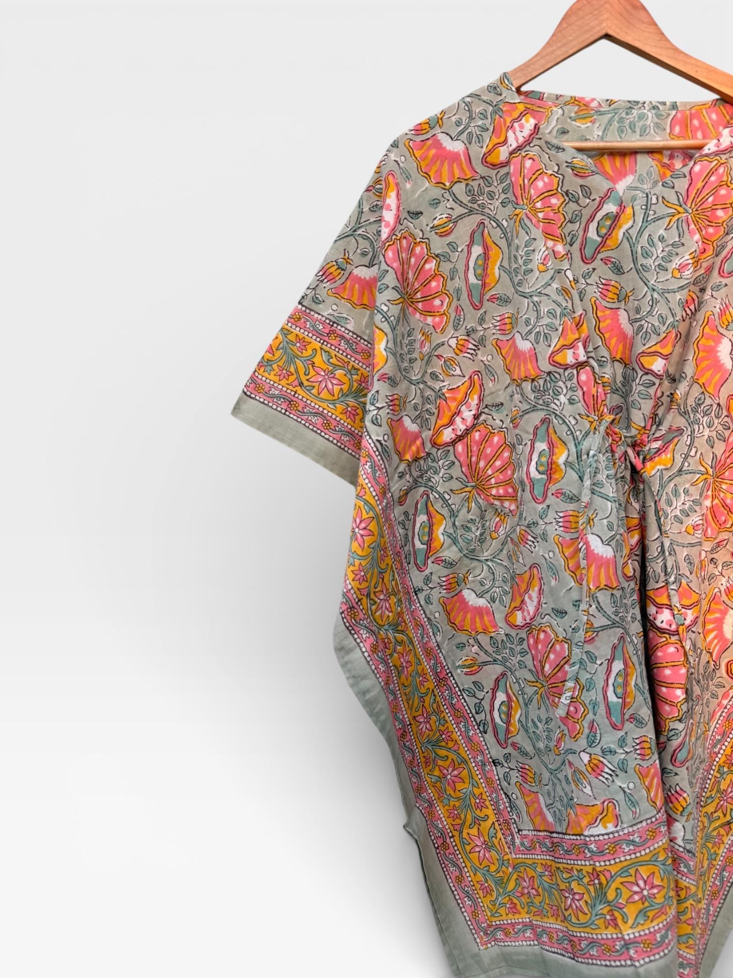 Hand Block Printed Short Cotton Kaftan – Grey Base with Pink & Mustard Floral Print | Boho Summer Kaftan Top, Relaxed Fit Lounge Wear