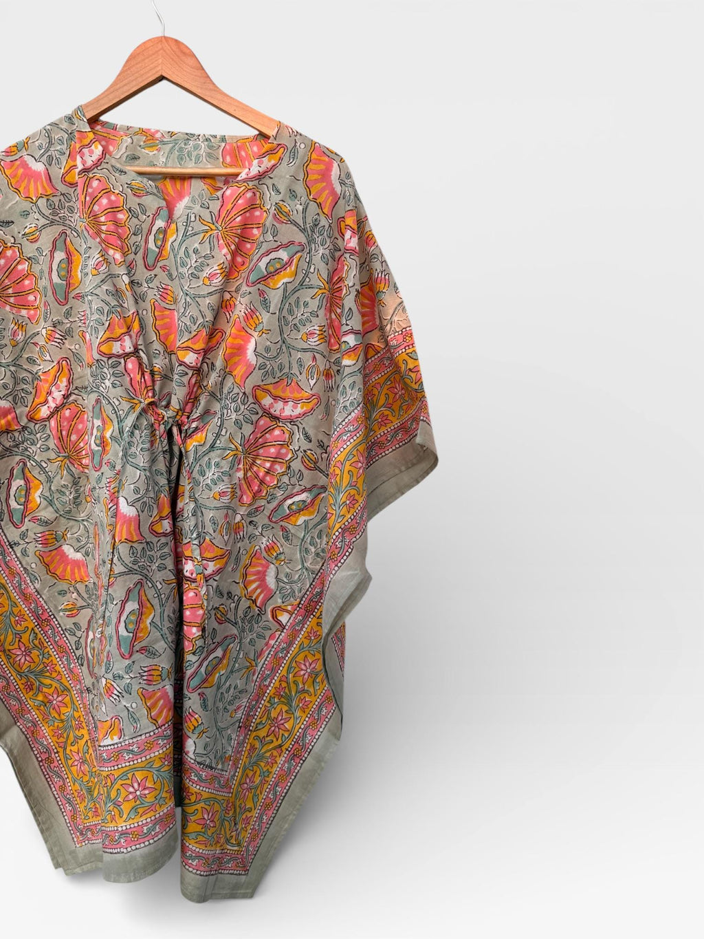 Hand Block Printed Short Cotton Kaftan – Grey Base with Pink & Mustard Floral Print | Boho Summer Kaftan Top, Relaxed Fit Lounge Wear