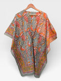 Hand Block Printed Short Cotton Kaftan – Grey Base with Pink & Mustard Floral Print | Boho Summer Kaftan Top, Relaxed Fit Lounge Wear