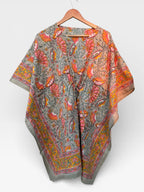 Hand Block Printed Short Cotton Kaftan – Grey Base with Pink & Mustard Floral Print | Boho Summer Kaftan Top, Relaxed Fit Lounge Wear