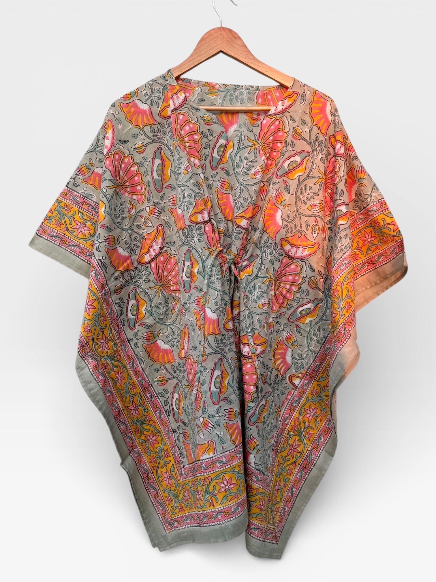 Hand Block Printed Short Cotton Kaftan – Grey Base with Pink & Mustard Floral Print | Boho Summer Kaftan Top, Relaxed Fit Lounge Wear