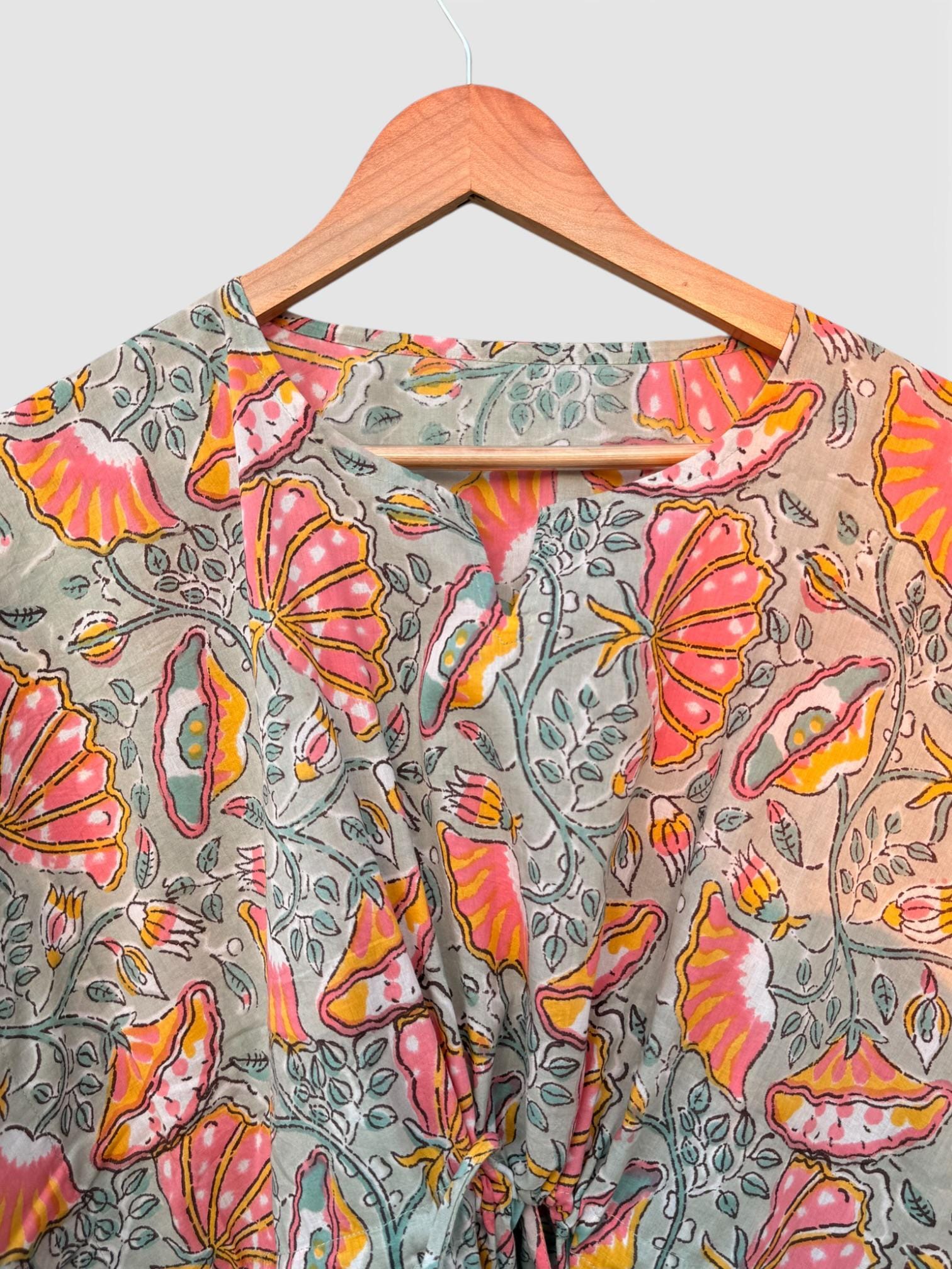 Hand Block Printed Short Cotton Kaftan – Grey Base with Pink & Mustard Floral Print | Boho Summer Kaftan Top, Relaxed Fit Lounge Wear