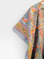 Hand Block Printed Short Cotton Kaftan – Grey Base with Pink & Mustard Floral Print | Boho Summer Kaftan Top, Relaxed Fit Lounge Wear