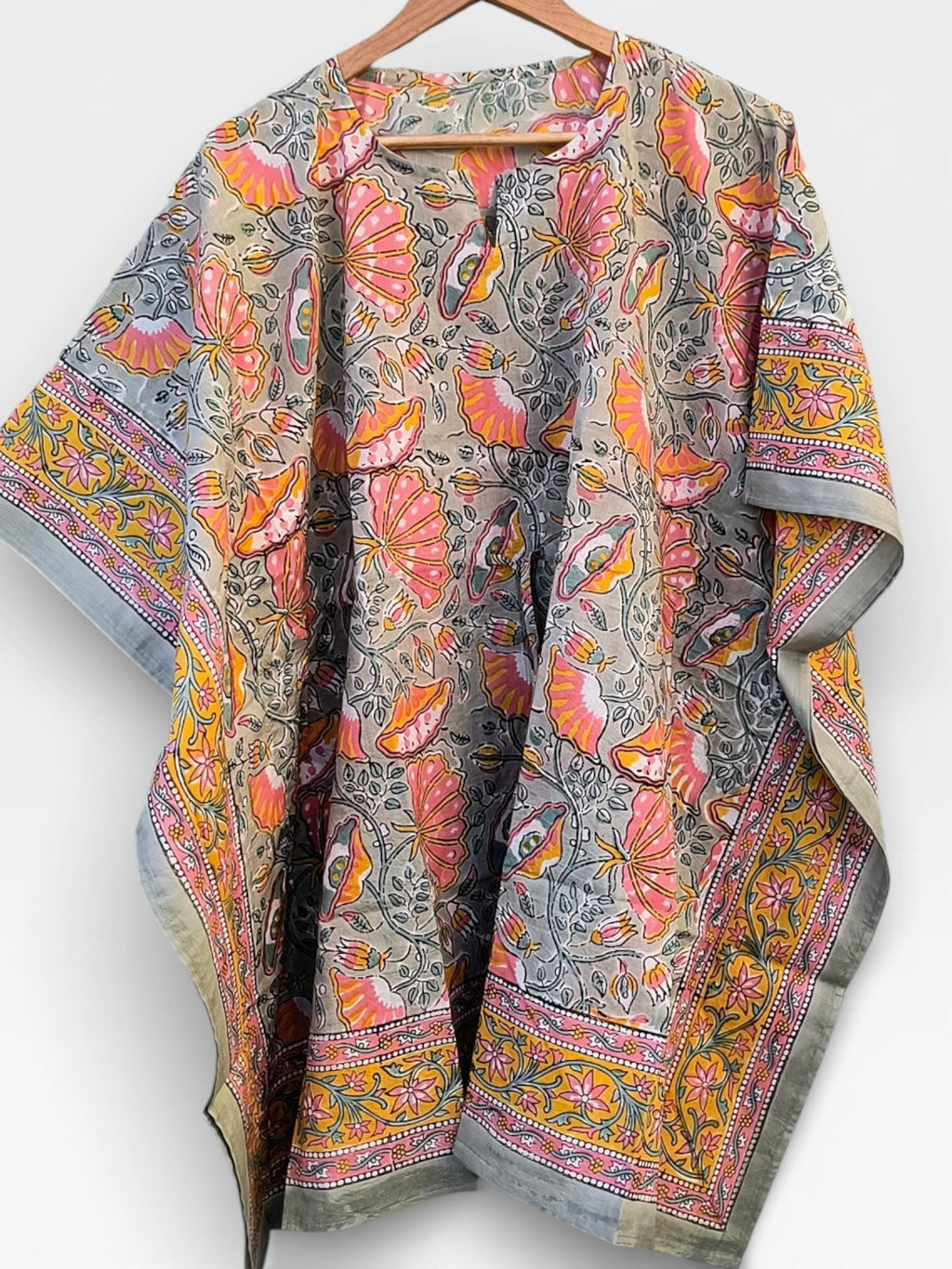 Hand Block Printed Short Cotton Kaftan – Grey Base with Pink & Mustard Floral Print | Boho Summer Kaftan Top, Relaxed Fit Lounge Wear
