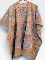 Hand Block Printed Short Cotton Kaftan – Grey Base with Pink & Mustard Floral Print | Boho Summer Kaftan Top, Relaxed Fit Lounge Wear