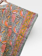 Hand Block Printed Short Cotton Kaftan – Grey Base with Pink & Mustard Floral Print | Boho Summer Kaftan Top, Relaxed Fit Lounge Wear