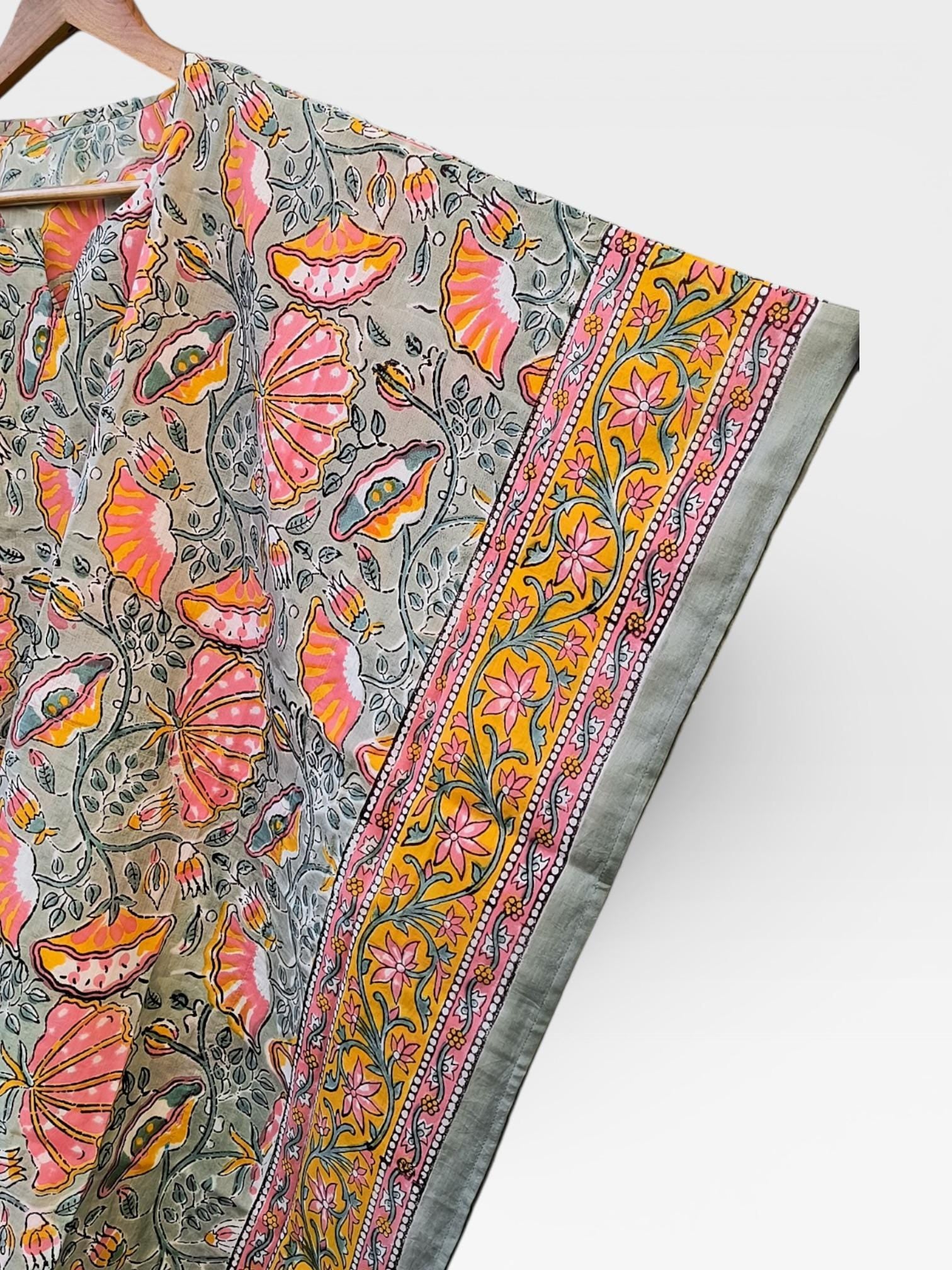 Hand Block Printed Short Cotton Kaftan – Grey Base with Pink & Mustard Floral Print | Boho Summer Kaftan Top, Relaxed Fit Lounge Wear