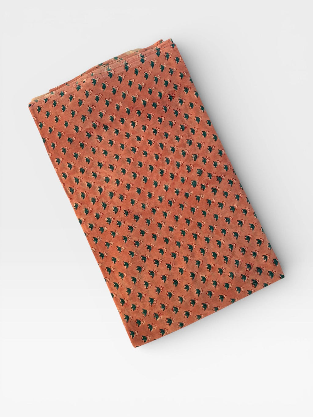 Hand Block Printed Cotton Fabric – Peach Rust Base with Teal Floral Motif | Indian Blockprint Running Fabric for Sewing, Quilting & Craft