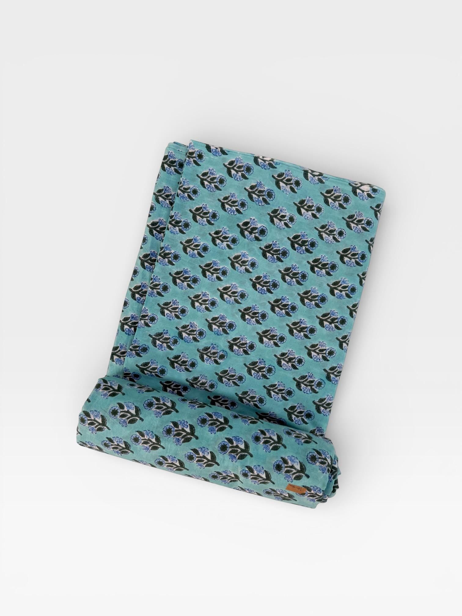 Hand Block Printed Cotton Fabric – Aqua Blue Base with Indigo Floral Motif | Indian Blockprint Running Fabric for Sewing, Quilting & Crafts