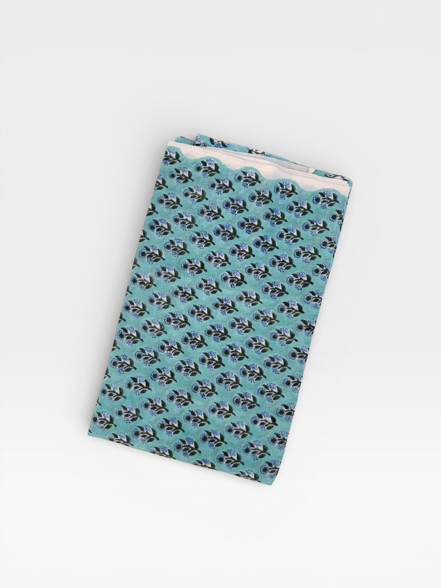Hand Block Printed Cotton Fabric – Aqua Blue Base with Indigo Floral Motif | Indian Blockprint Running Fabric for Sewing, Quilting & Crafts