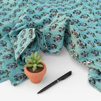 Hand Block Printed Cotton Fabric – Aqua Blue Base with Indigo Floral Motif | Indian Blockprint Running Fabric for Sewing, Quilting & Crafts