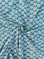 Hand Block Printed Cotton Fabric – Aqua Blue Base with Indigo Floral Motif | Indian Blockprint Running Fabric for Sewing, Quilting & Crafts