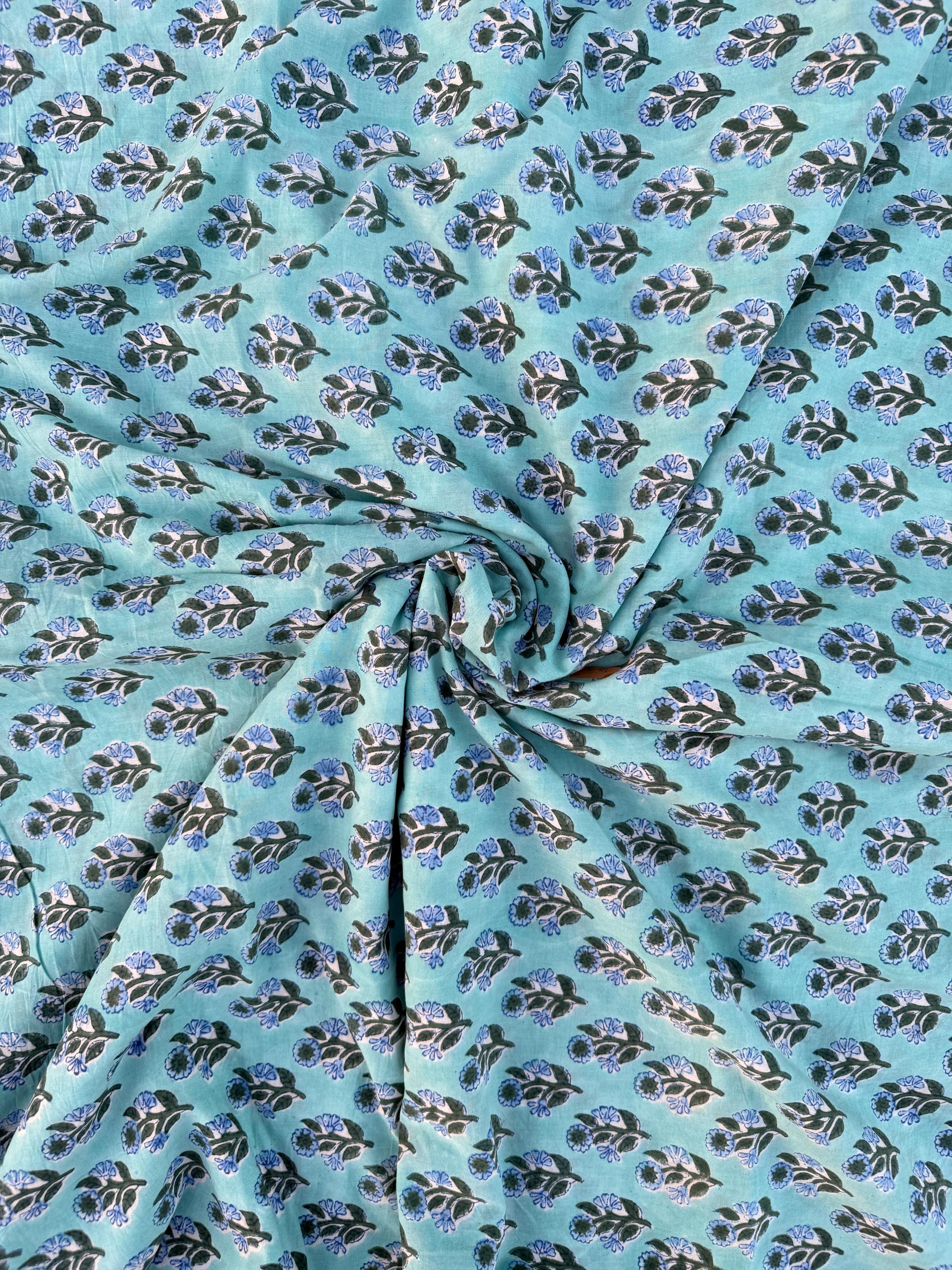 Hand Block Printed Cotton Fabric – Aqua Blue Base with Indigo Floral Motif | Indian Blockprint Running Fabric for Sewing, Quilting & Crafts