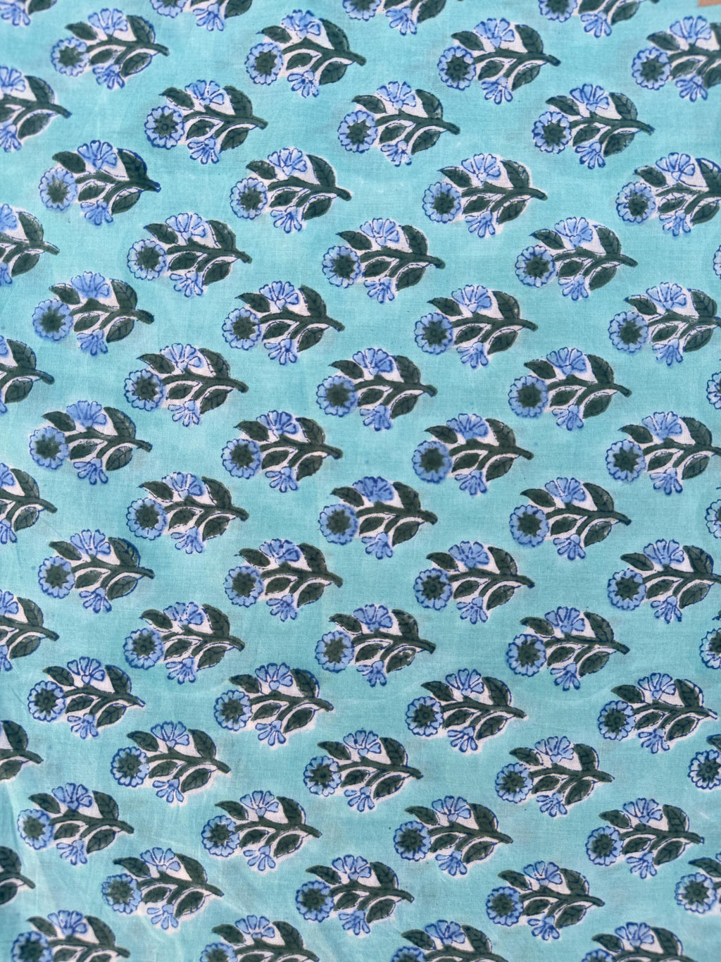 Hand Block Printed Cotton Fabric – Aqua Blue Base with Indigo Floral Motif | Indian Blockprint Running Fabric for Sewing, Quilting & Crafts