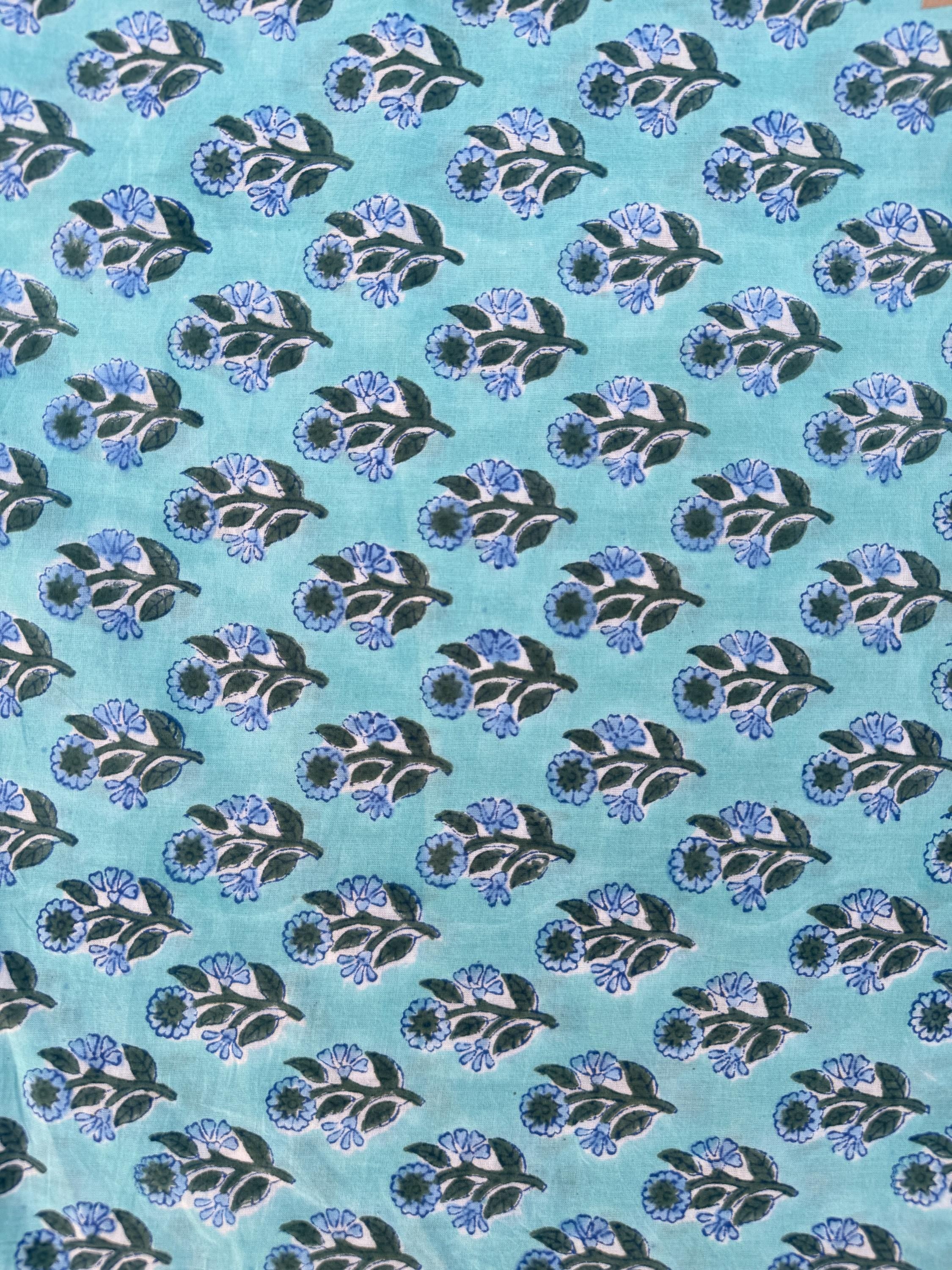 Hand Block Printed Cotton Fabric – Aqua Blue Base with Indigo Floral Motif | Indian Blockprint Running Fabric for Sewing, Quilting & Crafts