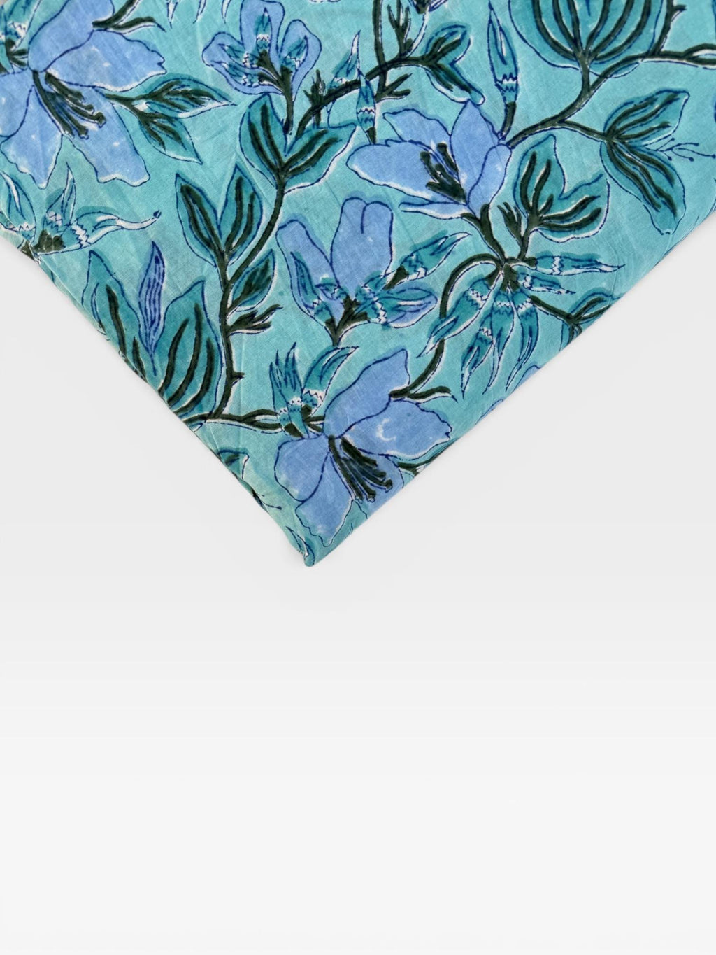 Hand Block Printed Cotton Fabric – Aqua Blue Base with Indigo Floral jaal | Indian Blockprint Running Fabric for Sewing, Quilting & Crafts