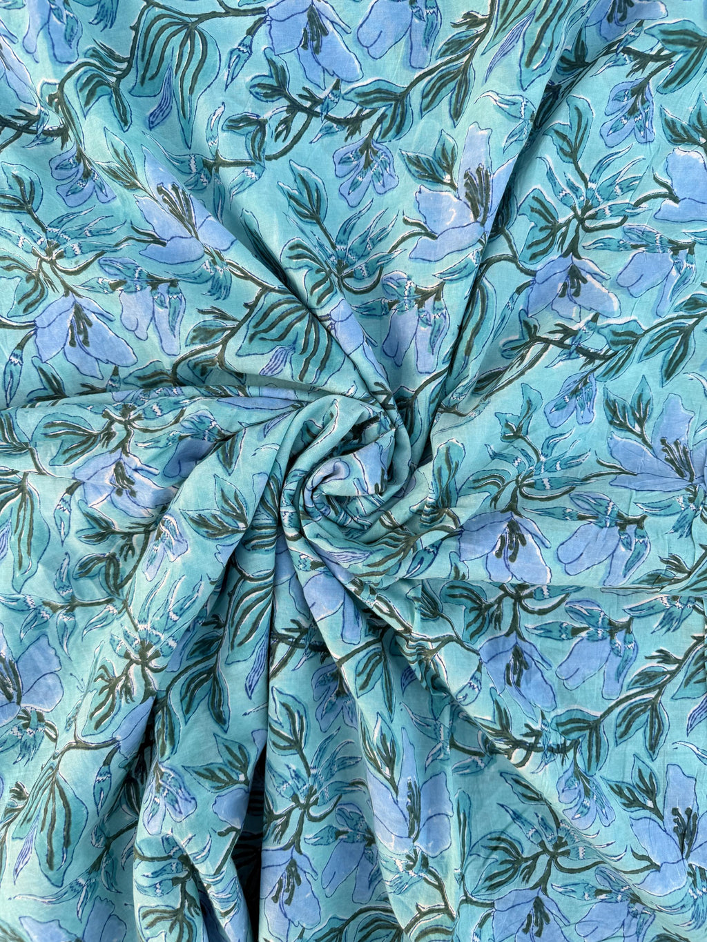 Hand Block Printed Cotton Fabric – Aqua Blue Base with Indigo Floral jaal | Indian Blockprint Running Fabric for Sewing, Quilting & Crafts