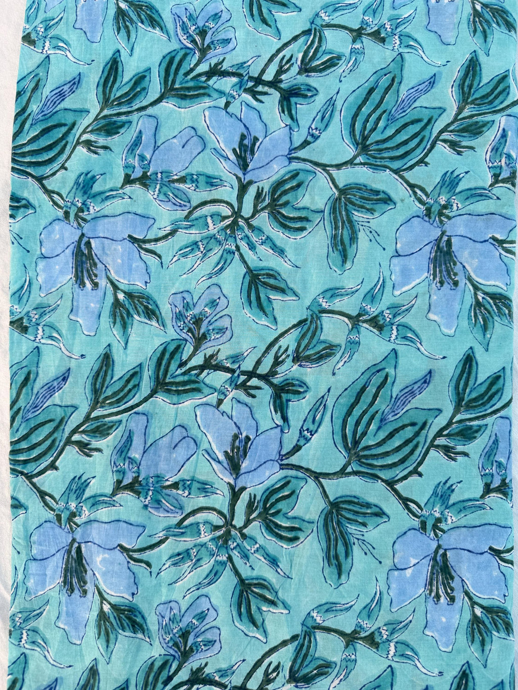 Hand Block Printed Cotton Fabric – Aqua Blue Base with Indigo Floral jaal | Indian Blockprint Running Fabric for Sewing, Quilting & Crafts
