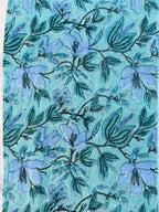 Hand Block Printed Cotton Fabric – Aqua Blue Base with Indigo Floral jaal | Indian Blockprint Running Fabric for Sewing, Quilting & Crafts