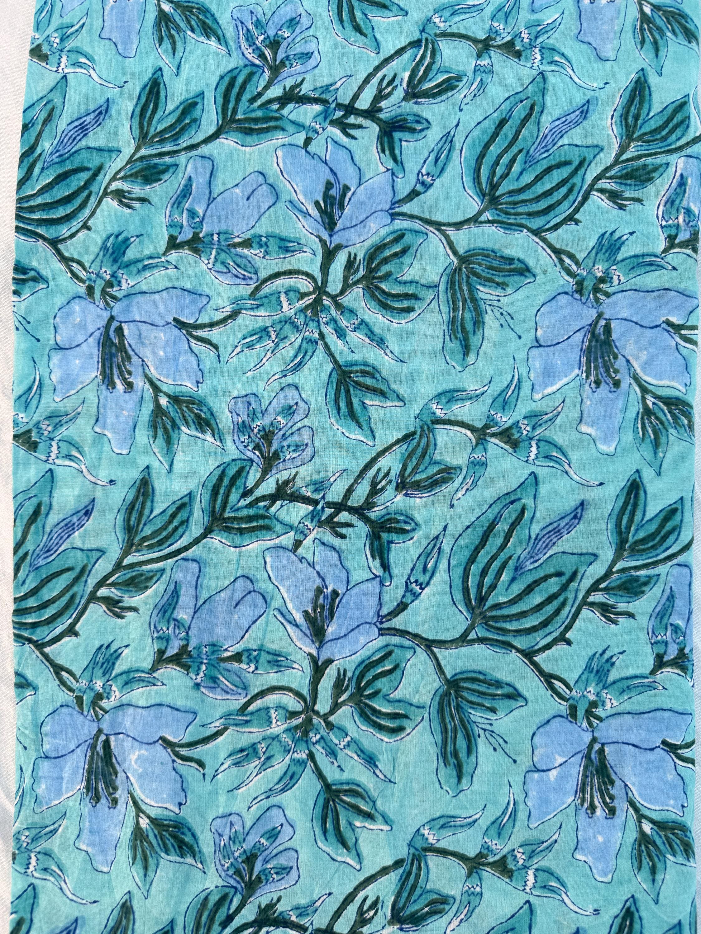 Hand Block Printed Cotton Fabric – Aqua Blue Base with Indigo Floral jaal | Indian Blockprint Running Fabric for Sewing, Quilting & Crafts