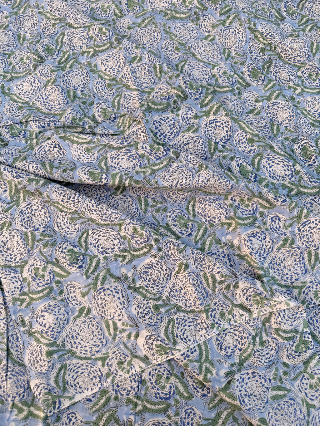 Hand Block Printed Cotton Fabric – Powder Blue Base with White & Indigo Floral Design | Indian Blockprint  Fabric for Sewing  and Home Décor