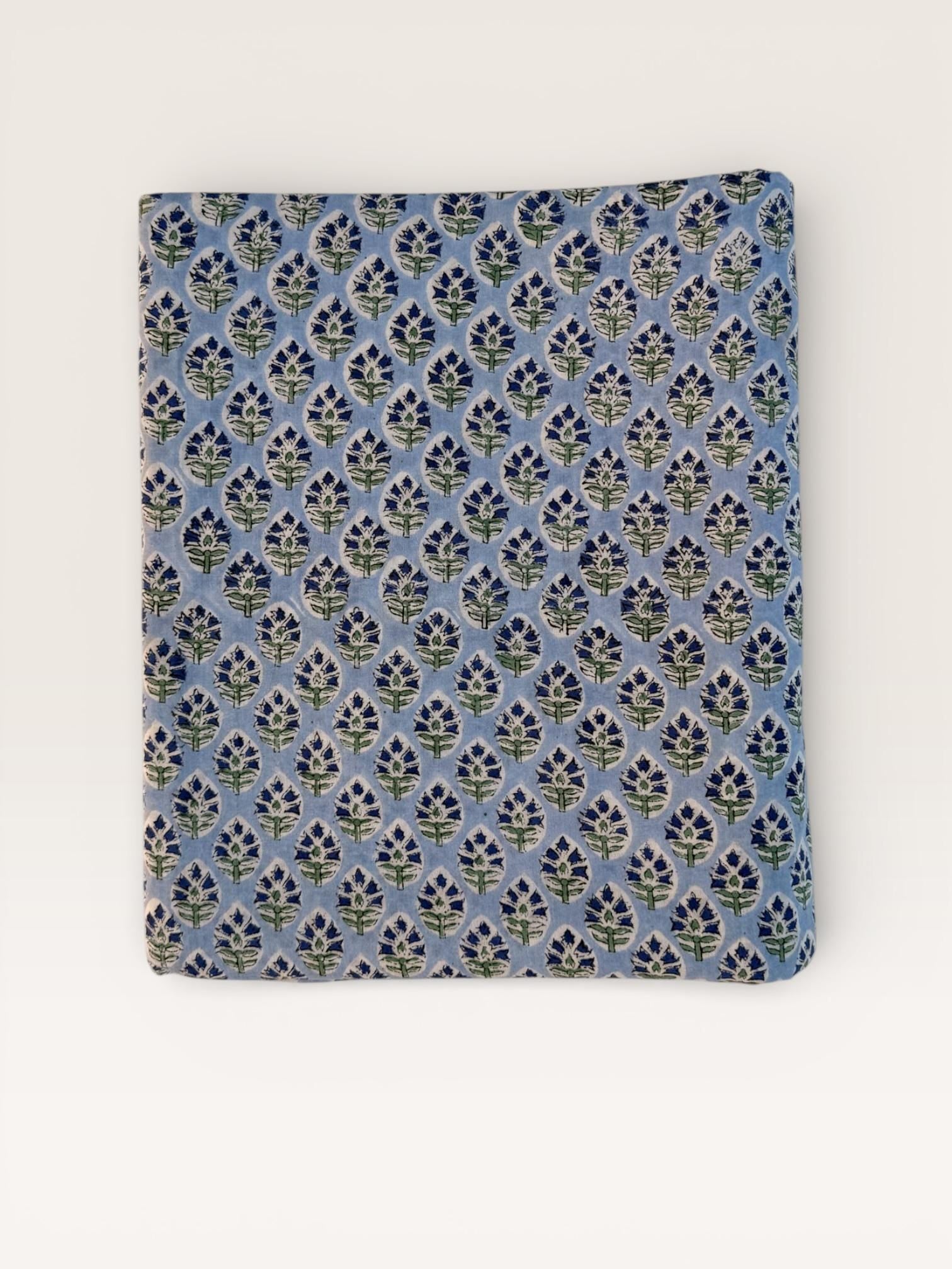 Hand Block Printed Cotton Fabric – Powder Blue Base with White & Indigo Floral motif | Indian Blockprint  Fabric for Sewing  and Home Décor