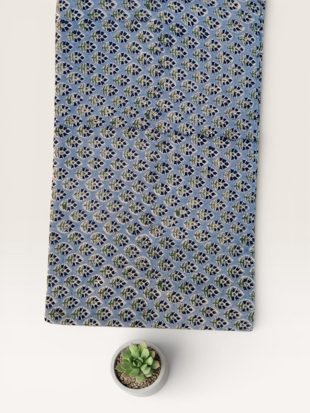 Hand Block Printed Cotton Fabric – Powder Blue Base with White & Indigo Floral motif | Indian Blockprint  Fabric for Sewing  and Home Décor