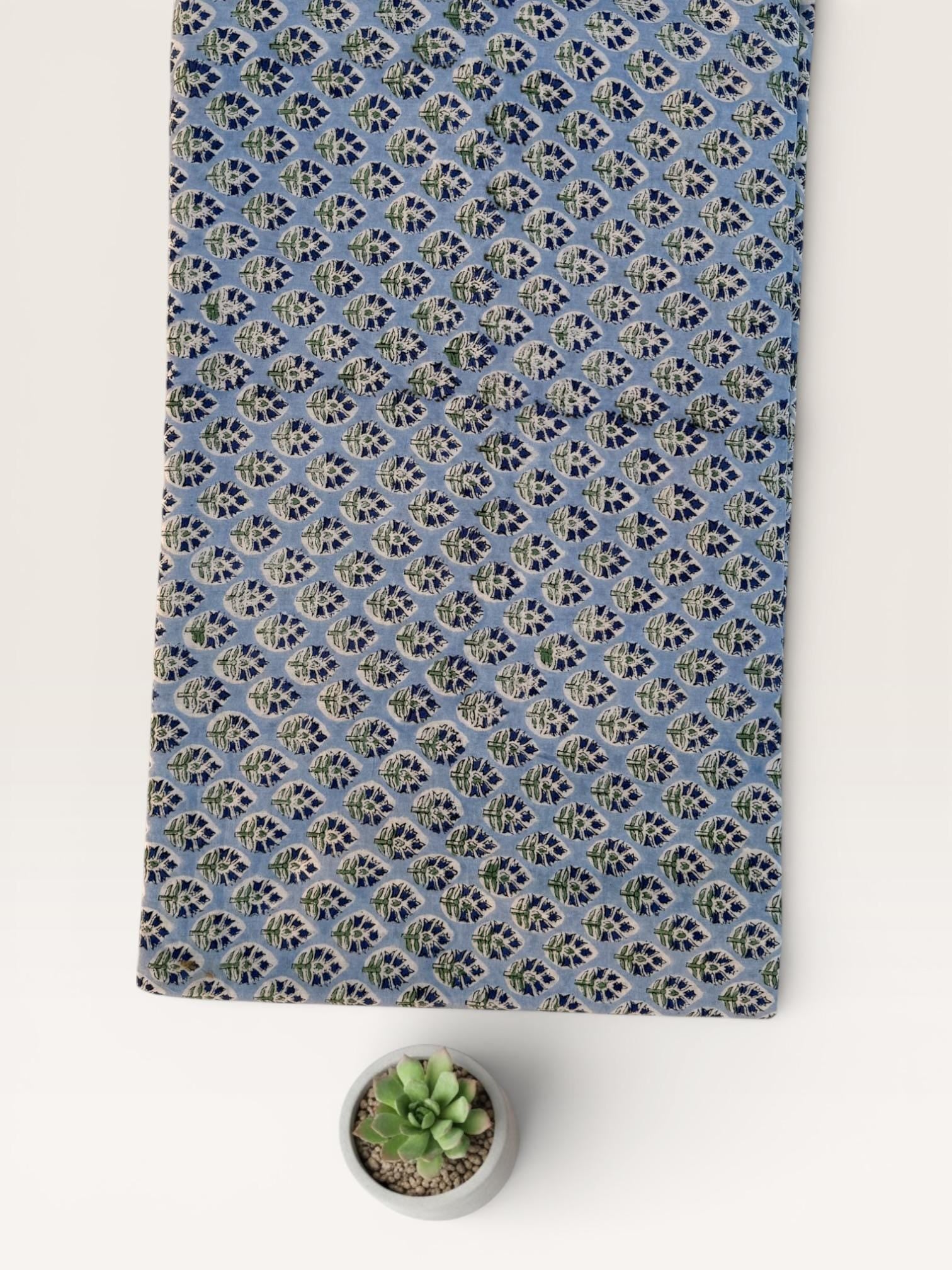 Hand Block Printed Cotton Fabric – Powder Blue Base with White & Indigo Floral motif | Indian Blockprint  Fabric for Sewing  and Home Décor