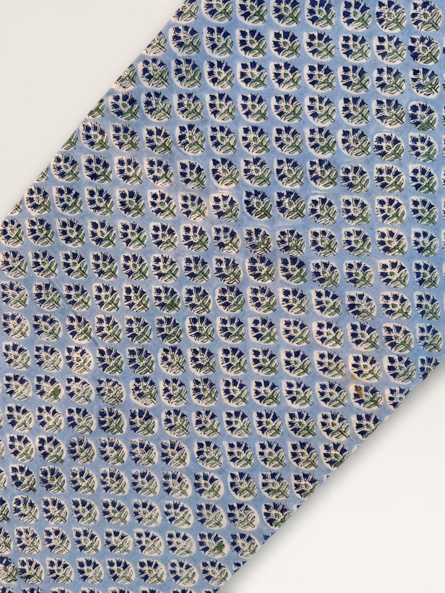 Hand Block Printed Cotton Fabric – Powder Blue Base with White & Indigo Floral motif | Indian Blockprint  Fabric for Sewing  and Home Décor
