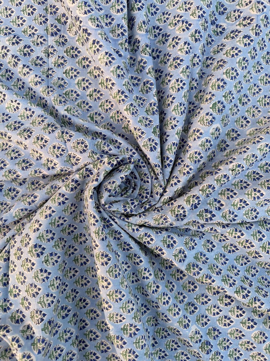 Hand Block Printed Cotton Fabric – Powder Blue Base with White & Indigo Floral motif | Indian Blockprint  Fabric for Sewing  and Home Décor