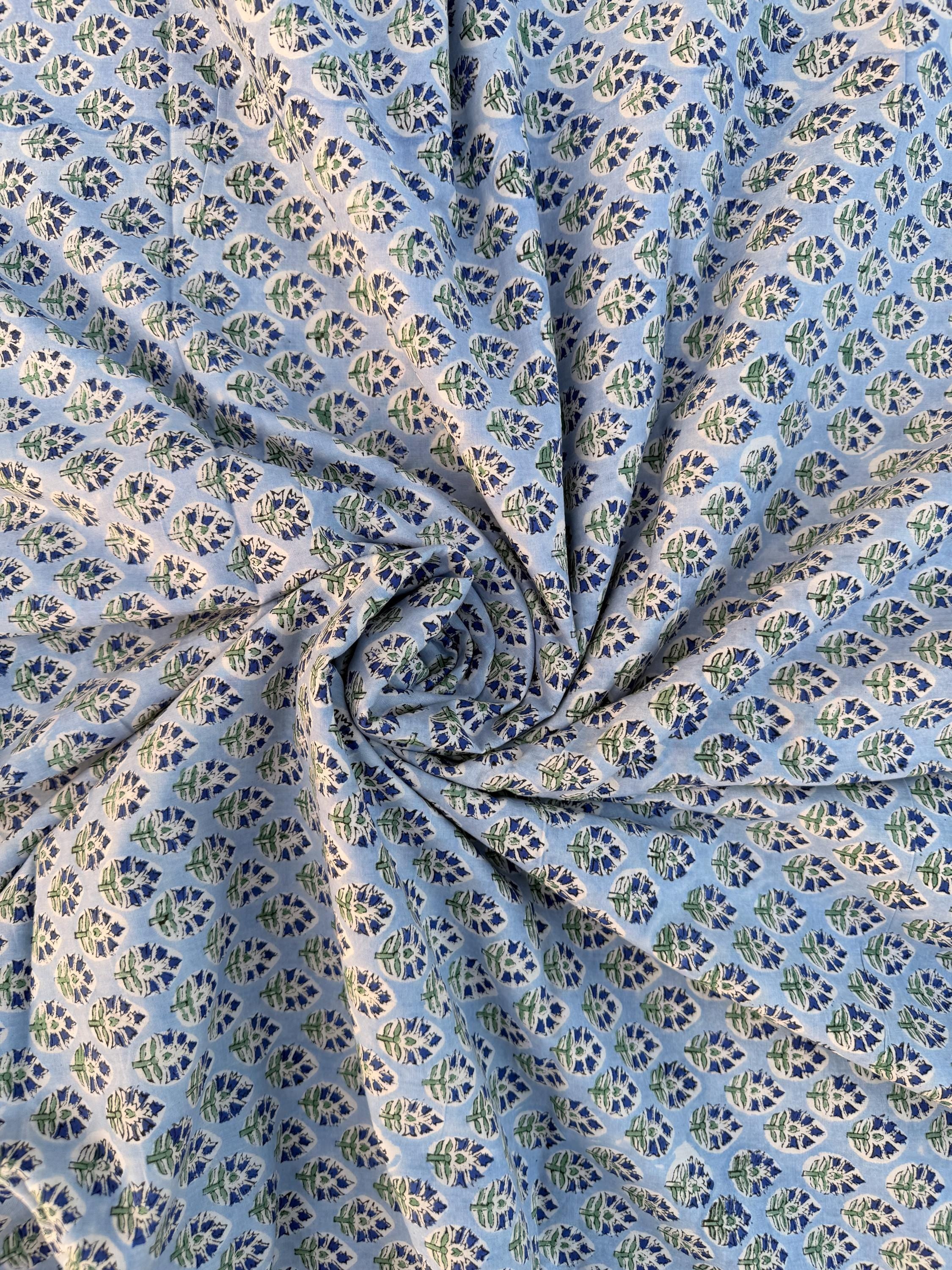 Hand Block Printed Cotton Fabric – Powder Blue Base with White & Indigo Floral motif | Indian Blockprint  Fabric for Sewing  and Home Décor