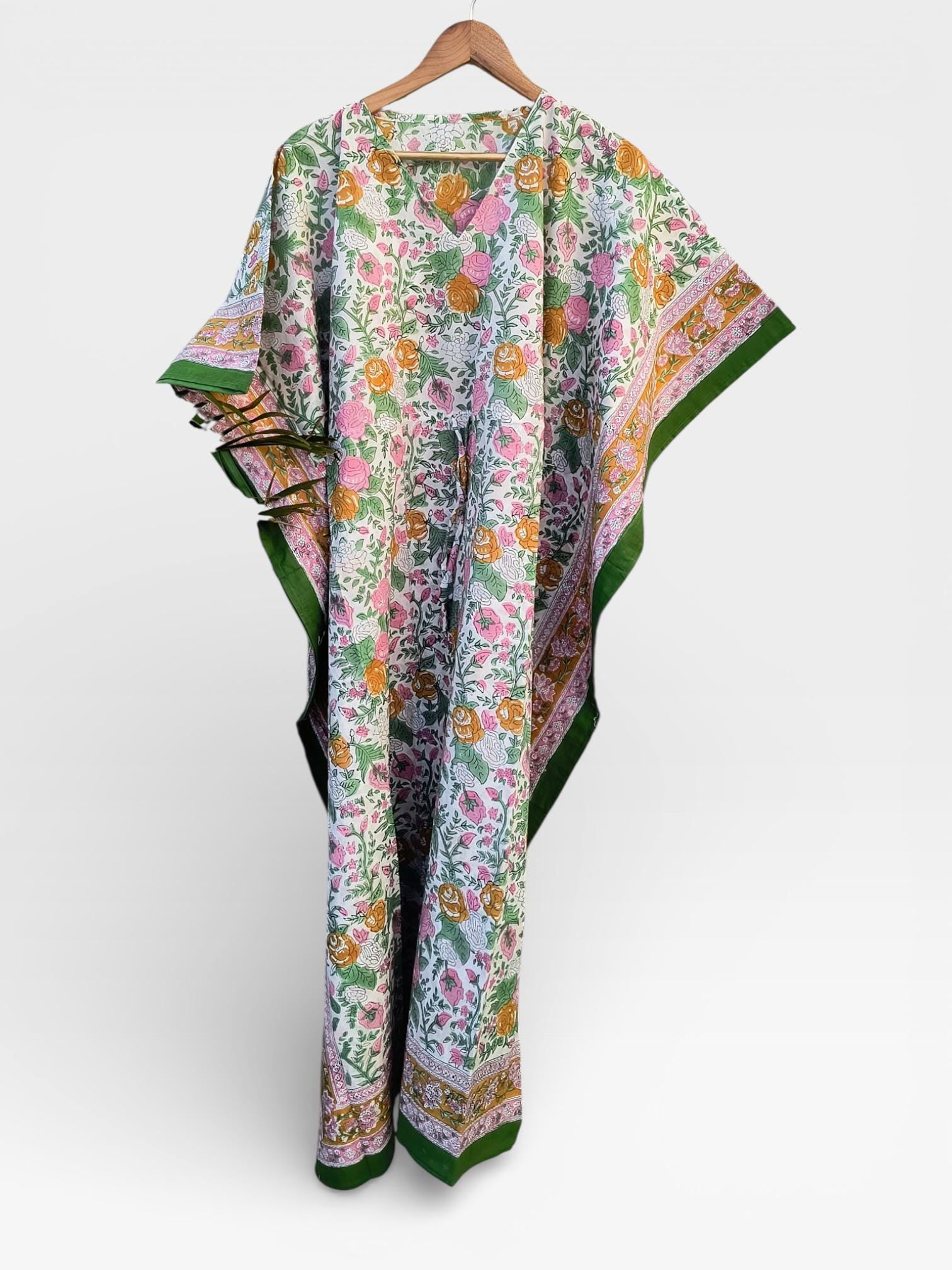 Hand Block Printed Cotton Kaftan – Floral Print with Green Border | Indian Cotton Lounge Kaftan, Boho Summer Dress, Beach Cover Up