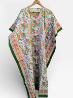 Hand Block Printed Cotton Kaftan – Floral Print with Green Border | Indian Cotton Lounge Kaftan, Boho Summer Dress, Beach Cover Up
