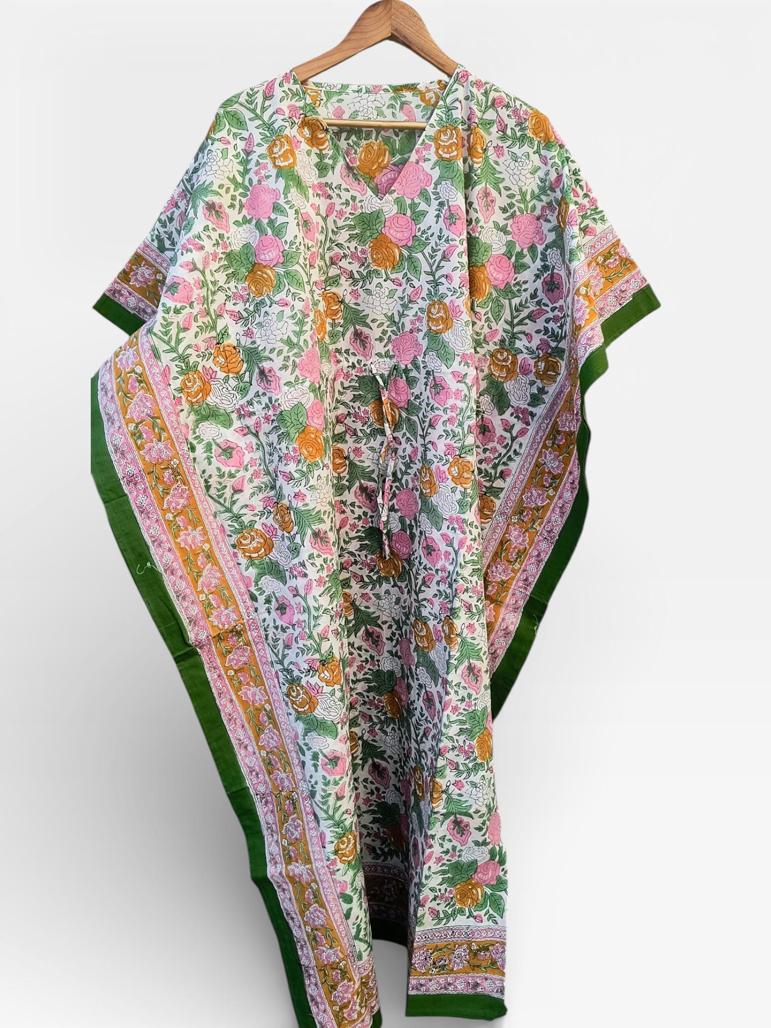 Hand Block Printed Cotton Kaftan – Floral Print with Green Border | Indian Cotton Lounge Kaftan, Boho Summer Dress, Beach Cover Up
