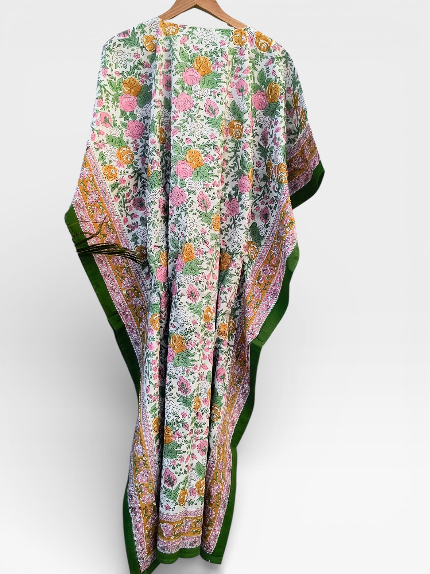 Hand Block Printed Cotton Kaftan – Floral Print with Green Border | Indian Cotton Lounge Kaftan, Boho Summer Dress, Beach Cover Up