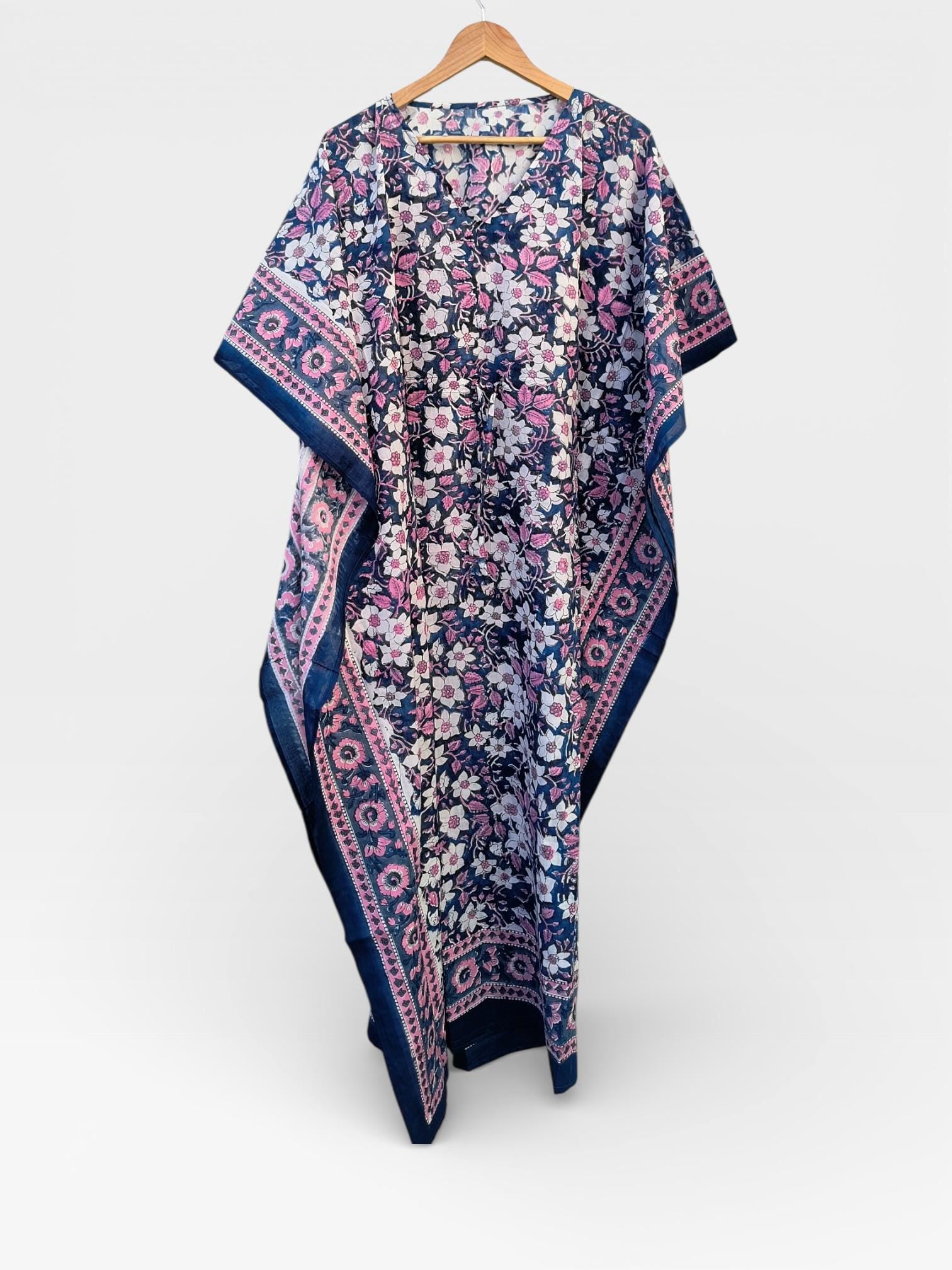 Hand Block Printed Cotton Kaftan – Navy Blue Floral with Pink Border | Indian Cotton Kaftan Dress, Boho Lounge Wear, Beach Cover Up
