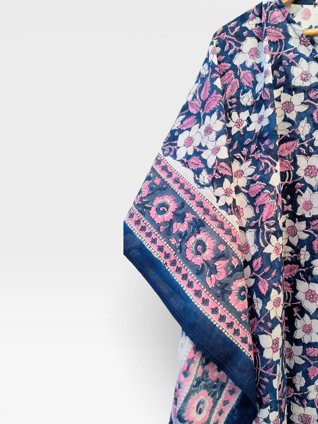 Hand Block Printed Cotton Kaftan – Navy Blue Floral with Pink Border | Indian Cotton Kaftan Dress, Boho Lounge Wear, Beach Cover Up