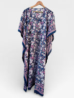 Hand Block Printed Cotton Kaftan – Navy Blue Floral with Pink Border | Indian Cotton Kaftan Dress, Boho Lounge Wear, Beach Cover Up