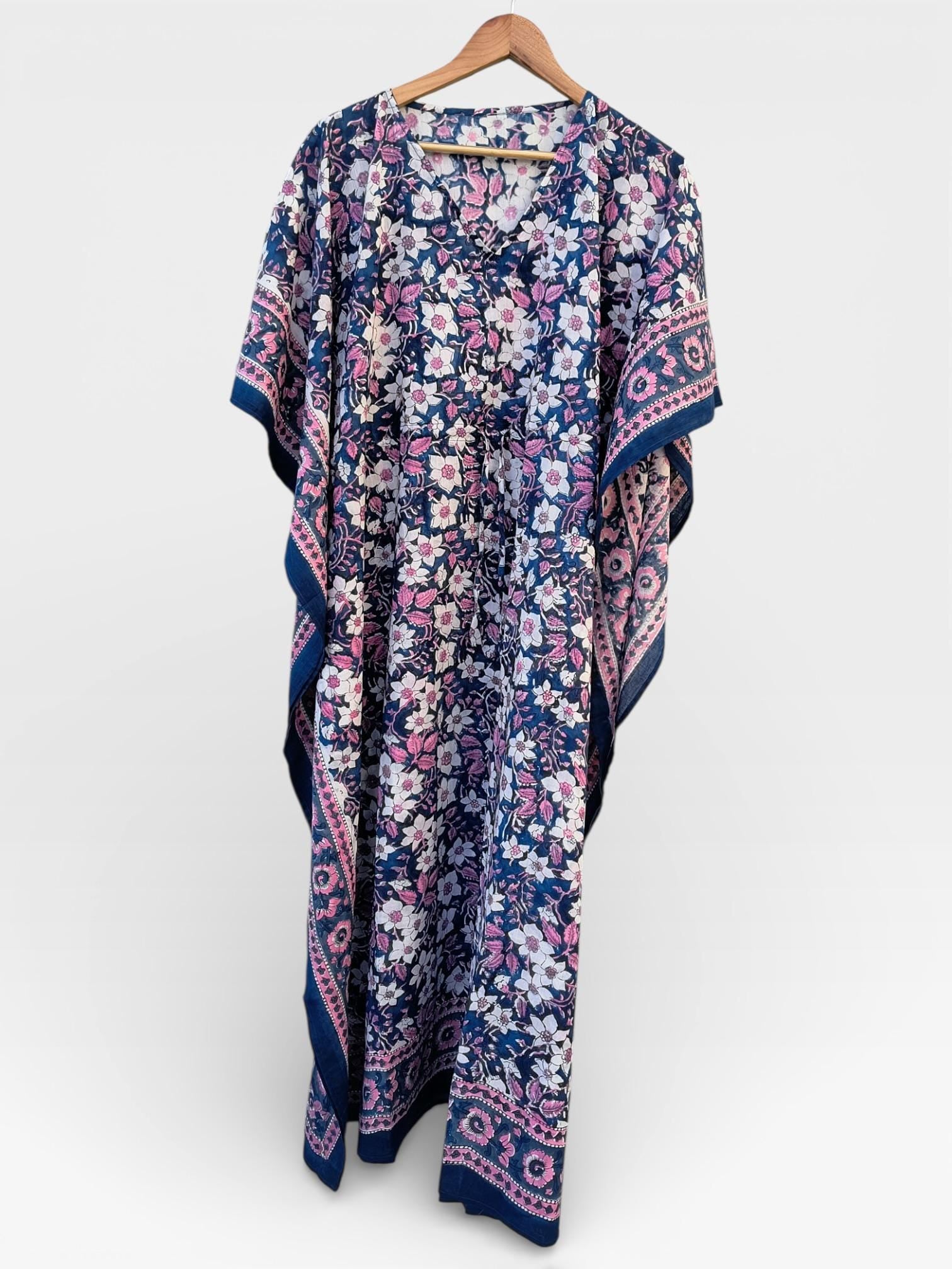 Hand Block Printed Cotton Kaftan – Navy Blue Floral with Pink Border | Indian Cotton Kaftan Dress, Boho Lounge Wear, Beach Cover Up