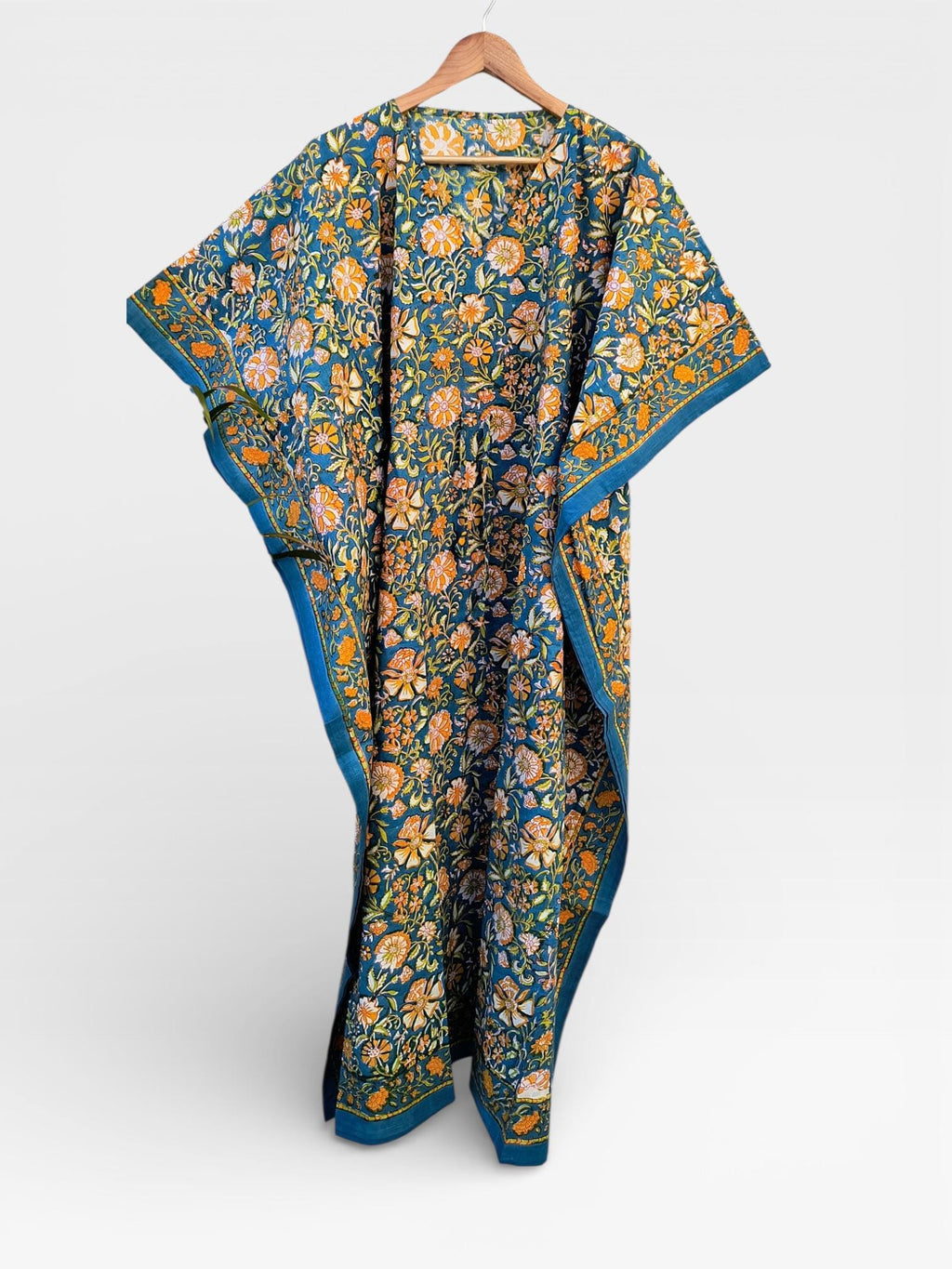 Hand Block Printed Cotton Kaftan – Teal Blue Floral with Mustard Accents | Indian Cotton Kaftan Dress, Boho Resort Wear & Beach Cover Up