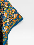 Hand Block Printed Cotton Kaftan – Teal Blue Floral with Mustard Accents | Indian Cotton Kaftan Dress, Boho Resort Wear & Beach Cover Up