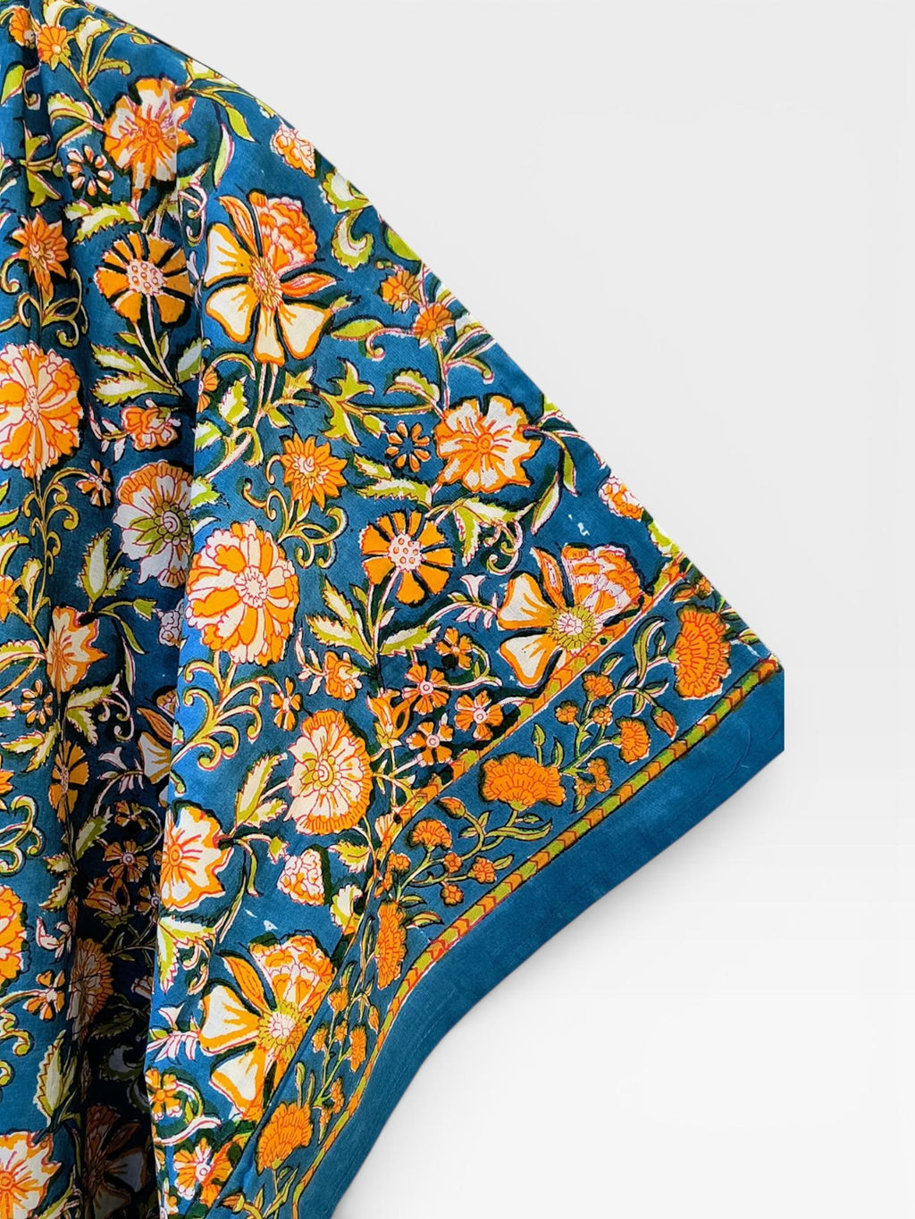 Hand Block Printed Cotton Kaftan – Teal Blue Floral with Mustard Accents | Indian Cotton Kaftan Dress, Boho Resort Wear & Beach Cover Up