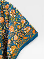 Hand Block Printed Cotton Kaftan – Teal Blue Floral with Mustard Accents | Indian Cotton Kaftan Dress, Boho Resort Wear & Beach Cover Up