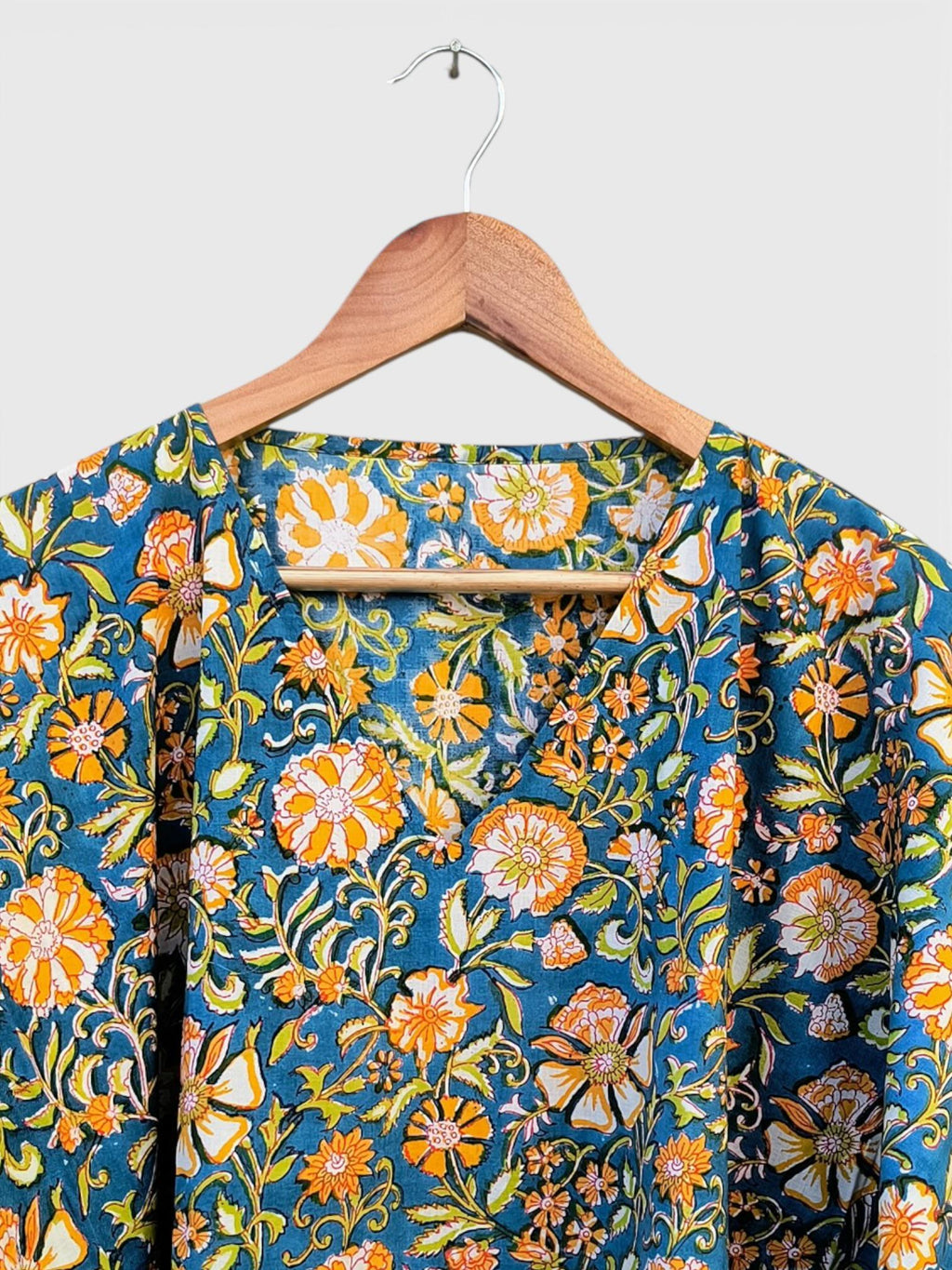 Hand Block Printed Cotton Kaftan – Teal Blue Floral with Mustard Accents | Indian Cotton Kaftan Dress, Boho Resort Wear & Beach Cover Up