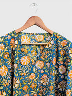 Hand Block Printed Cotton Kaftan – Teal Blue Floral with Mustard Accents | Indian Cotton Kaftan Dress, Boho Resort Wear & Beach Cover Up