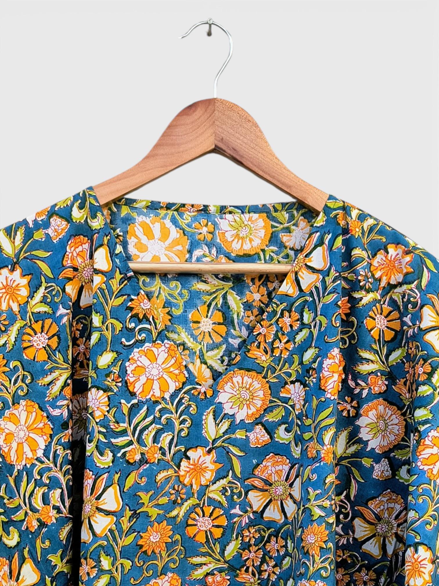 Hand Block Printed Cotton Kaftan – Teal Blue Floral with Mustard Accents | Indian Cotton Kaftan Dress, Boho Resort Wear & Beach Cover Up